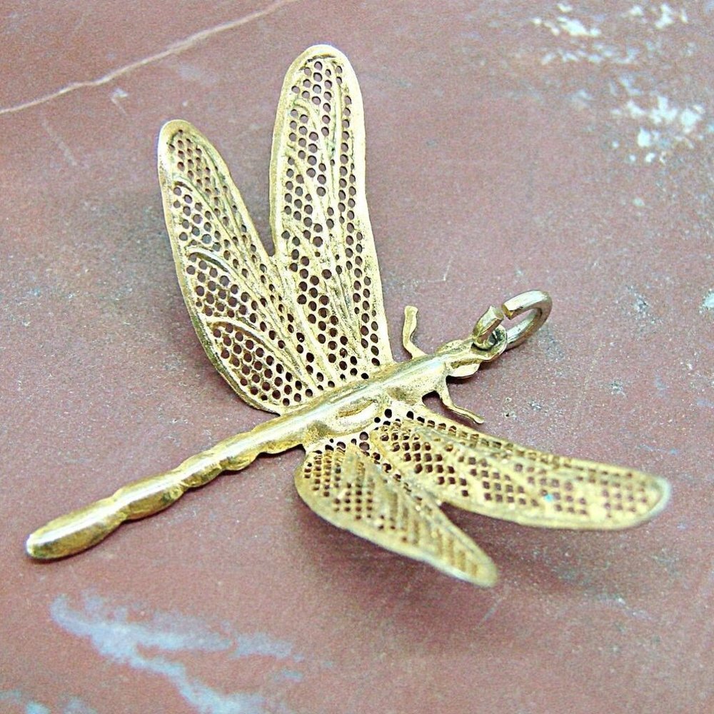 Vintage Dragonfly Fashion Pendant Delicate Lace Gold Tone 1.5 x1.5"